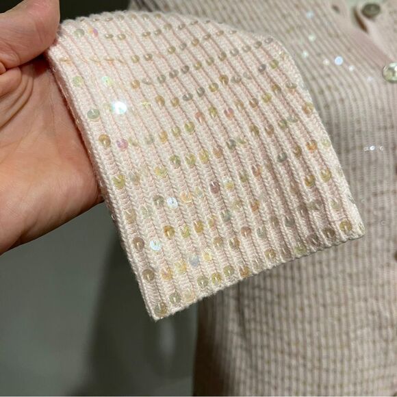 Button down sequin pale baby pink cardigan size medium - Picture 6 of 14